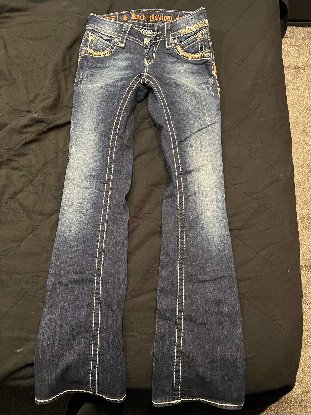 Rock Revival Women's Dark Indigo Flared Jeans With Contrast Stitching